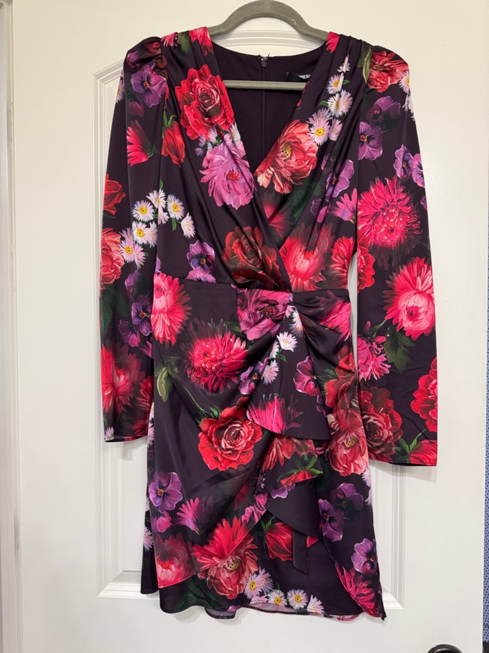 Express Floral Wrap-Front Long Sleeve Dress with Pink & Red Blooms